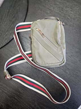 Compact Olive Crossbody Bag with Striped Webbing Strap
